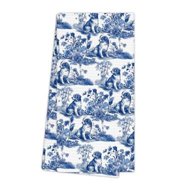 Imagem de EGBTL Chinoiserie Cavalier King Charles Spaniel Toalhas de cozinha, presentes de cachorro toalhas de mão para decoração de banheiro, panos de prato florais azuis e brancos para cães Grandmillennial