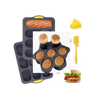 Imagem de Conjunto de 6 moldes para pão de hambúrguer de silicone, inclui moldes de 4/7/9 xícaras, escova de óleo, espátula e luva de garra
