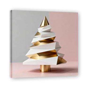 Imagem de Moldura interna. Arte moderna de presente de Natal, arte geométrica de árvore rosa empoeirada e dourada, tela emoldurada pronta para pendurar para uma casa de férias elegante. A29. 40 x 40 cm - 15,7 x