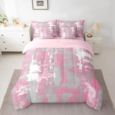 Imagem de Feelyou Conjunto de edredom Queen, abstrato, 7 peças, arte abstrata, moderna, rosa, branco, em uma bolsa com edredom, lençóis, fronhas, capas de almofada, decoração de quarto de luxo, geométrico