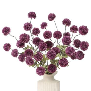 Imagem de DuHouse 6 peças de flores artificiais de seda sintética, mini bola de crisântemo de seda pequena com hastes para buquês faça-você-mesmo, vaso de mesa, decoração de cozinha (ameixa)