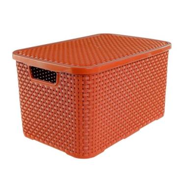 Imagem de Caixa Organizadora Rattan Premium, Plástico Resistente, 7L e 15L, com Tampa, Design Trançado, para Roupas, Brinquedos e Escritório, Preto, Branco e Terracota (Terracota, 7 Litros)