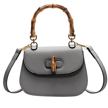 Imagem de Bolsa feminina de couro artificial esmaltada com alça superior de bambu bolsa transversal elegante bolsa para noite presente para mulheres feita à mão, Cinza