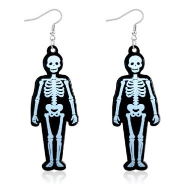 Imagem de Mintolex Brincos femininos de Halloween com glitter em acrílico e esqueleto de morcego com olhos verdes, joia assustadora divertida para festa de Halloween, acessório de fantasia, Acrílico, Sem pedra