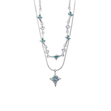 Imagem de CHAKRA HEALING REIKI CHR Colares empilháveis em camadas para mulheres, corrente de cobra, de aço inoxidável, colar, gargantilha para mulheres, colar de estrela de zircão de camada dupla para presente