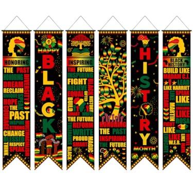 Imagem de Hahafelt 6 peças de decoração do mês da história negra banner 150 cm preto história mês quadro de avisos kente afro-americano MLK dia varanda porta pendurado decoração para parede sala de aula