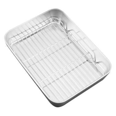 Imagem de LALAFINA Assadeira de aço inoxidável com grade de arame, assadeira funda para cozinhar e refrigerar, assadeira antiaderente, bandeja de forno multiuso para biscoitos e assados