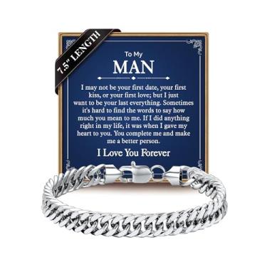 Imagem de IEFLIFE Pulseira de presente para homens - prata/preta de aço inoxidável cubano corrente corrente presente para filho neto, presente de aniversário para homem, namorado, pulseira masculina de 8 mm de