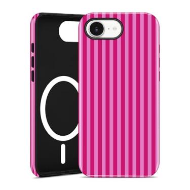 Imagem de Aitipy Capa de telefone listrada magnética para iPhone 16e, compatível com MagSafe, linda faixa estética rosa choque TPU macio e policarbonato rígido à prova de choque capa protetora para mulheres e