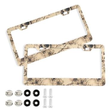 Imagem de SEHANY Molduras de placa de carro vintage rosa crânio, capas de alumínio à prova de ferrugem com furos elípticos e parafusos serve para veículos padrão dos EUA tamanho acessórios de carro para