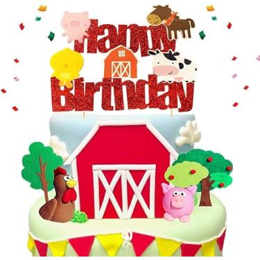 Imagem de Conjunto de topo de bolo de animais de fazenda decorações rústicas de festa de celeiro com tema country suprimentos de chá de bebê vaca e gado decoração de bolo de aniversário