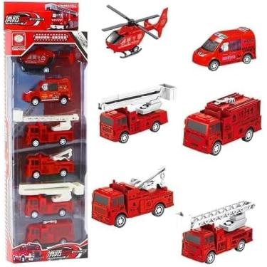 Imagem de Kit Infantil 6 Carrinhos e Veículos – Miniaturas de Bombeiro, Militar, Helicóptero e Caminhão de Lixo (Vermelho)