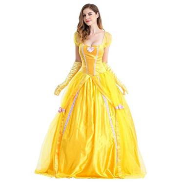 Imagem de Vestidos de princesa para mulheres, fantasia de festa de Halloween, adulto, cosplay, dança, longo, maxi vestido com luvas, Amarelo, M
