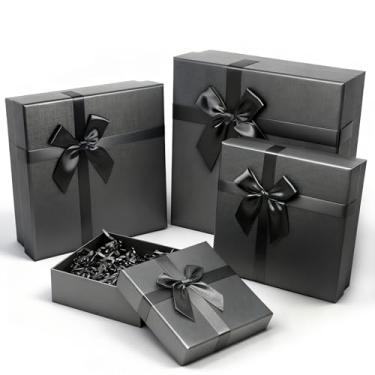 Imagem de Giftilious Caixas de presente pretas com tampas, conjunto de 4 caixas de embrulho de presente para presentes, caixa de presente de luxo para casamentos, aniversários, aniversários e todas as ocasiões
