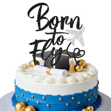 Imagem de Born to Fly Cake Topper, Future Pilot/Congrats USAF, You Did It, Air Force Academy Graduation Party Decorations Black Glitter