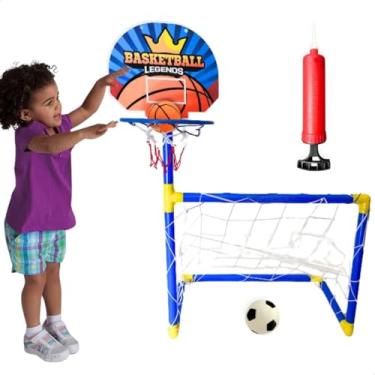 Imagem de Kit Esporte 2 em 1 Trave e Bola de Futebol + Cesta de Basquete infantil Embutida com bombinha bomba de ar presente natal menino 3 anos menina dia das crianças