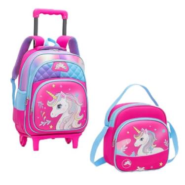 Imagem de Kit Mochila de Rodas Infantil Unicórnio 3D Removível com Lancheira Rosa e Lilás Escolar Menina