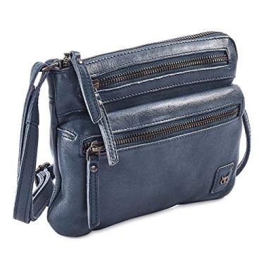 Imagem de Wise Owl Accessories Bolsa transversal feminina pequena de couro legítimo com zíper triplo - Bolsa tiracolo vintage de alta qualidade, Azul oceano lavado vintage, 6” x8.5” x 1.5”