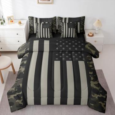 Imagem de Erosebridal Conjunto de edredom completo com 7 peças, camuflado, bandeira americana, para crianças, adolescentes, homens, militares, retrô, preto, verde, cinza