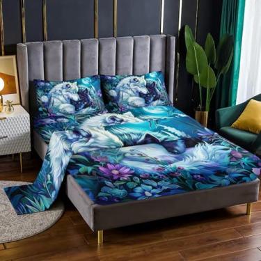 Imagem de Nttopship Jogo de cama solteiro com estampa de lobo, 4 peças, estampa de lobo branco e preto, com bolsos profundos de 41 cm, decoração de quarto de animais, 4 peças (1 lençol + 1 lençol + 2 fronhas)