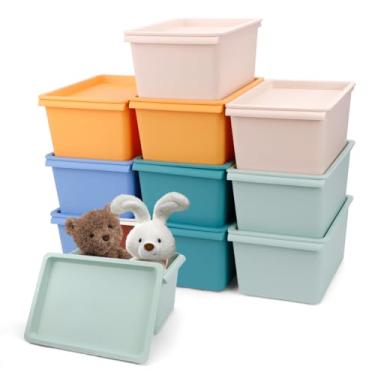 Imagem de IBEQUEM 10 caixas de armazenamento coloridas com tampa, recipientes de armazenamento de plástico, cestas empilháveis fofas, caixas de armazenamento decorativas para escritório, sala de aula
