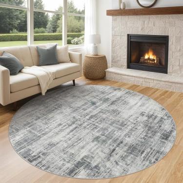 Imagem de Tapete redondo de 1,8 m para sala de estar: 15 x 15 lavável neutro abstrato moderno tapete antiderrapante resistente a manchas para quarto, sala de jantar, escritório, berçário - cinza