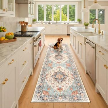 Imagem de RELEANY Tapetes de área adequados para aspirador de pó de 6 x 20 cm lavável na máquina, antiderrapante, estampa floral vintage para sala de estar, quarto, tijolo, azul marinho, laranja, colorido