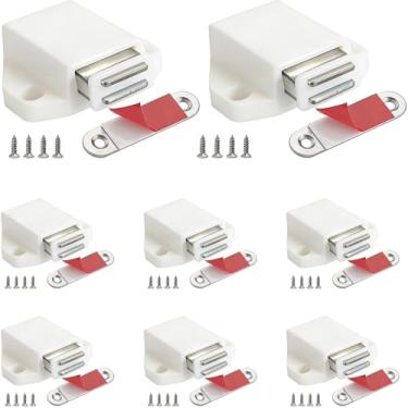 Imagem de Pequenas ferragens magnéticas de empurrar para abrir o armário CBRIVE pacote com 8 travas de empurrar para porta escondida gaveta puxar toque trava ponta no armário RV fechar forte pop out, branco