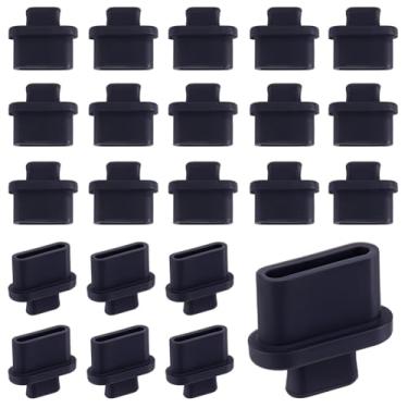 Imagem de SUNNYCLUE 1 caixa 50 peças de plugues de poeira pretos tipo C porta de carregamento de plástico protetor de porta de carregamento de celular com alça capas protetoras à prova de poeira para telefones