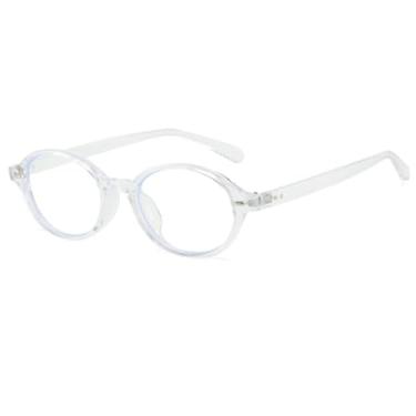 Imagem de Óculos femininos com lentes transparentes e proteção contra luz azul, com detalhes de rebites e armação redonda de plástico (transparente).