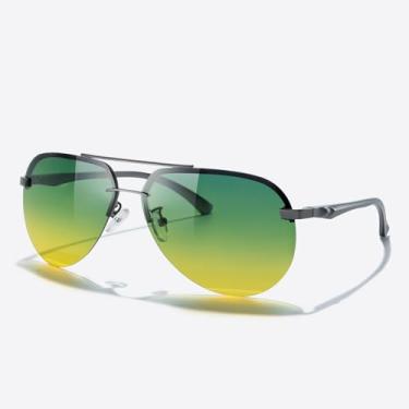 Imagem de Óculos de sol masculino aviador ponte dupla com dobradiças de mola estilo piloto polarizado armação de metal proteção UV400, Cinza, Lens Width: 65 Millimeters