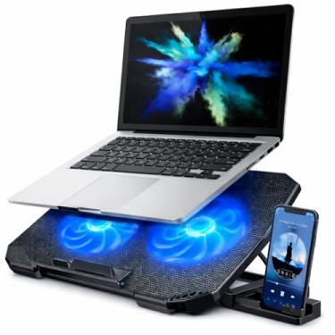 Imagem de Suporte para Notebook Base Ergonômica Silencioso LED Azul 8 Níveis de Altura Refrigerada com 2 Coolers Potentes e com Suporte de Celular Integrado Premium