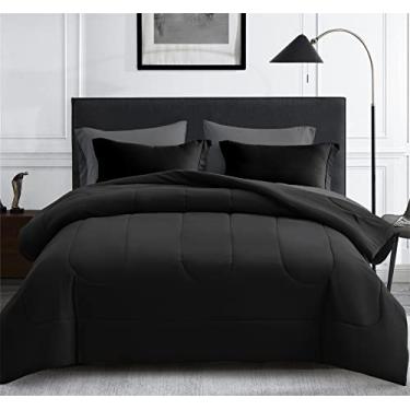 Imagem de Maple&Stone Conjunto de edredom Queen Size 7 peças cama em uma bolsa - conjunto de cama alternativo com lençóis, fronhas e fronhas, enchimento de edredom macio reversível para cama Queen, preto