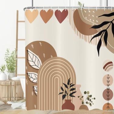 Imagem de deFouliao Cortina de chuveiro marrom boho arco abstrato meados do século plantas cortinas de banheiro para banheira, decoração de hotel, tecido lavável à prova d'água com ganchos, 182 x 182 cm