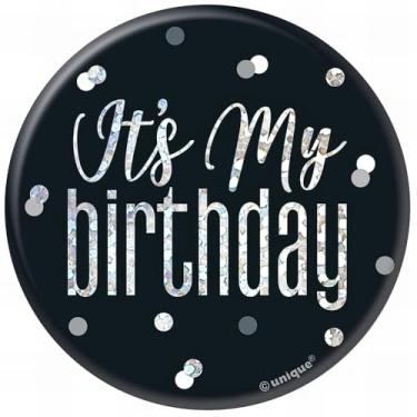 Imagem de It's My Birthday' Black & Silver Glitz Round Badge (1 unidade) - Design atraente, perfeito para eventos temáticos e lembrancinhas de festa