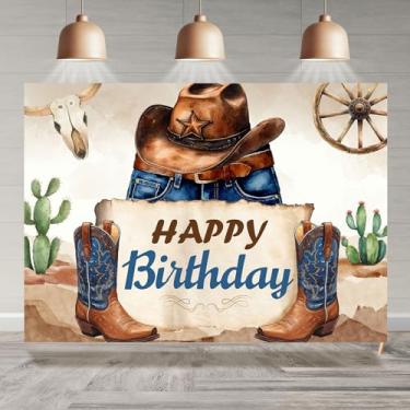 Imagem de Rsuuinu 2,1 x 1,5 m, pano de fundo de feliz aniversário, botas de caubói ocidental, chapéu de cacto, paisagem retrô, decoração de festa de feliz aniversário, lembrancinhas, suprimentos para mesa de