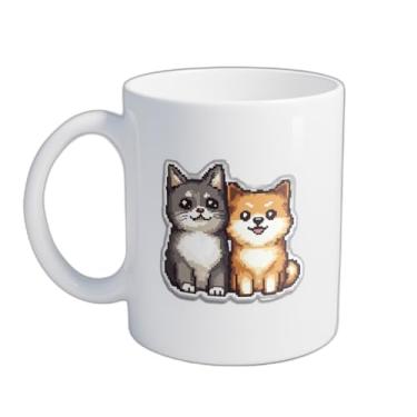 Imagem de Caneca Xícara de Café Porcelana 300ml Gato e Cachorro Ilustração Pixelada