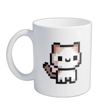 Imagem de Caneca Xícara de Café Porcelana 300ml Gato em Pixel Art Fundo Rosa