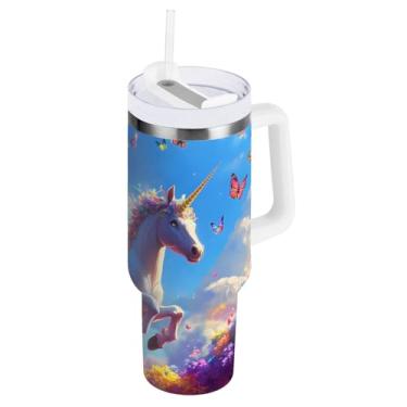Imagem de ODAWA Copo grande isolado de outono com alça e tampa de palha, copo com isolamento de parede dupla azul unicórnio mágico