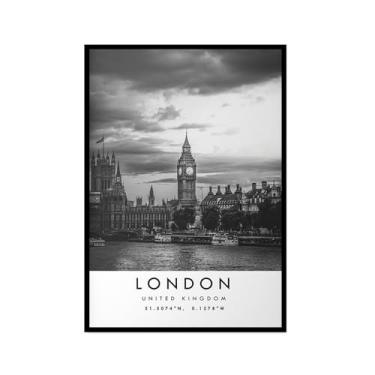 Imagem de Pôster de viagem preto e branco impressão paisagem da cidade do mundo pintura em tela arte de parede de Londres decoração de casa (8 x 12 polegadas (20 x 30 cm), moldura para fotos)