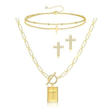 Imagem de Conjunto de joias cruzadas para mulheres banhado a ouro 14K pingente cruz clipe de papel pingente colar com fecho de botão delicado Jesus pequenas pulseiras CZ brinco fé joias religiosas presentes