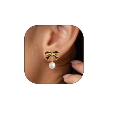 Imagem de Brincos de laço preto para mulheres, moda moderna, brincos de pérola de cristal falso preto, brincos de férias, brincos de fita de coquete, festival, joias de Natal, Medium, Liga de aço, Sem pedra