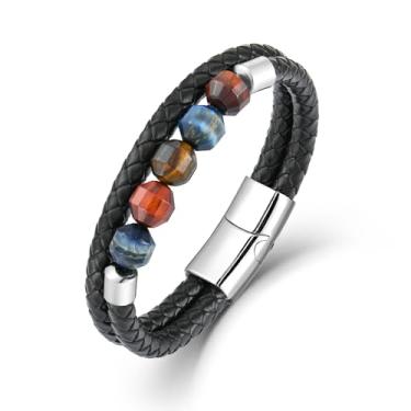 Imagem de CARICY Pulseira masculina de couro trançado olho de tigre/ágata musgo/ônix preto com proteção de pedra de cura para homens pulseiras de punho de aço inoxidável joias, 8.3 in, Zircônia cúbica