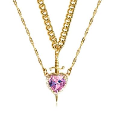 Imagem de RIICFDD Colar para casais de coração e espada, ouro, aço inoxidável, rosa, corrente multicamadas, moderno, combinando com espada através do coração, colares românticos para amigos e casais