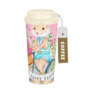 Imagem de TSENQUE Caneca de café de viagem de 473 ml com tampa de canudo e filp, caneca de café de aço inoxidável isolada a vácuo à prova de vazamento, coelhinho fofo da Páscoa floral rosa