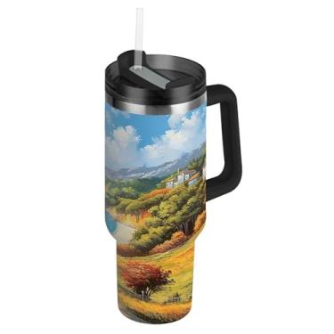 Imagem de Joisal Copos de aço inoxidável com tampas e canudos, pintura na encosta, praia, paisagem, carros, xícara de café, bebida quente, reutilizável, copo de 1,134 g com alça garrafa de água isolada