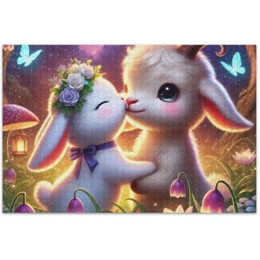 Imagem de Cabra coelho beijo animais quebra-cabeça 500 peças para adultos animal flor arte mordaça presente quebra-cabeça engraçado, 20,5 x 14,9 polegadas