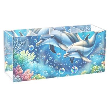 Imagem de TSENQUE Porta-lápis de mesa de acrílico com bolhas de golfinhos de desenho animado, fofo, personalizado, canetas, lápis, papelaria, organizador de mesa e acessórios