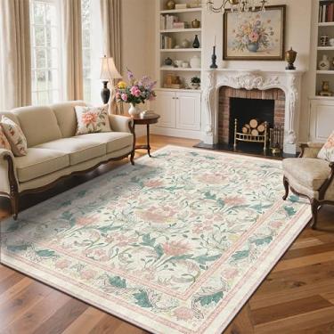 Imagem de Bavni Tapetes de área de 20 x 25 cm para sala de estar, microfibra lavável à máquina tapete floral vintage antiderrapante, tapete leve de pilha baixa para quarto, sala de jantar, escritório em casa