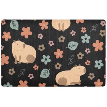 Imagem de TSENQUE Tapete de porta frontal preto com flores de capivara personalizado à prova d'água tapete de boas-vindas interno antiderrapante para entrada interna 81 x 50 cm